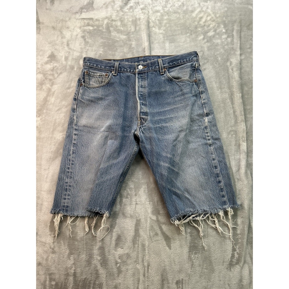 Y2K Levis 501xx Jean Shorts Jorts Mens Sz 35 Blue Button Fly Whiskered Faded Guy